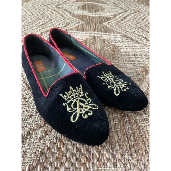 Joe Fresh black Velvet Monogram Driving Slippers with red trim SZ 8 flats - Picture 1 of 7